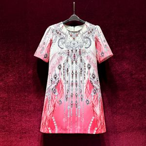 2023 Summer Pink Floral Print Dress Short Sleeve Round Neck Knee-Length Casual Dresses A3Q122126