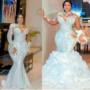 Plus size branco sereia vestidos de casamento com trem destacável gillter manga longa frisado cristais árabe aso ebi vestidos de noiva