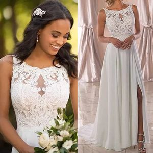 Beach Chiffon Wedding Dress Appliques Simple Dress A-Line Slit Side Vestido De Novia Playa Bridal Gown Lace Up Back Wedding