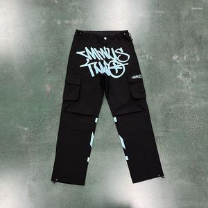 Men's Pants Y2K Men Hip Hop Minus Two Cargo Black Overalls 2023 Harajuku Fashion Rock Wide Leg Loose Baggy Trousers Streetwear