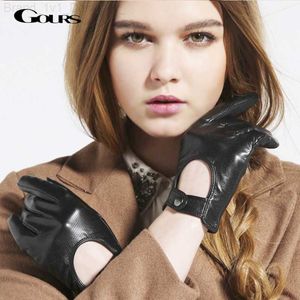 Fem fingrarhandskar Gours Women's Winter äkta läderhandskar Nya modevarumärken Black Oline Driving Gloves Goatskin Mittens GSL010 L230804