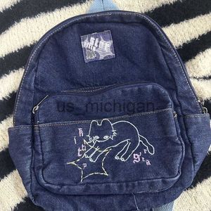 Mochila MBTI Estilo Japonês Mochilas Femininas Vintage Denim Bonito Desenho Animado Bordado Mochila Azul Estudantes Gato Moda Kawaii Bolsa Feminina J230806