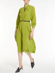 Casual Dresses Silk Women's Green Elegant Dress 2023 Spring Summer Long-Sleeved Bow Lace-Up Collar Ladies Slim Split Mid-Längd Robe