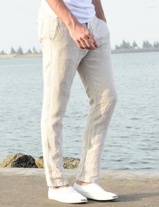 メンズパンツ男性リネンカジュアルメンズサマー通気性スリムストレートメンエラスティックウエスト亜麻ズボン薄いベージュホワイトカーキ