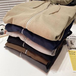 Men's Hoodies Waffle Cardigan Sweater Couple Coat Tops Loose Jacket Zipper Solid Color Long Sleeves Pockets Casual Hoodie