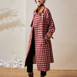 DE-41N358 Autumn and Winter Women's Coat Dress Coat Coat Classic Plaid Shicened Coat Vintage Woolen مزيفة