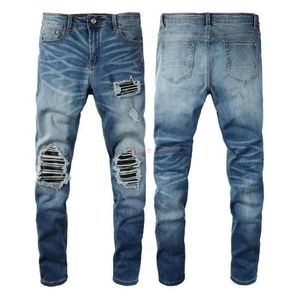 Roupas de grife Jeans Amires Calça jeans Amies High Street Moda masculina Calça jeans de couro com painel plissado High Street Patch com furo elástico194