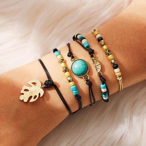 Charm Bracelets Bohemian Colorful Beads Set For Women Blue Stone Metal Leaves Ajustável Corda Bracelet Fashion Jewelry 5Pcs/set