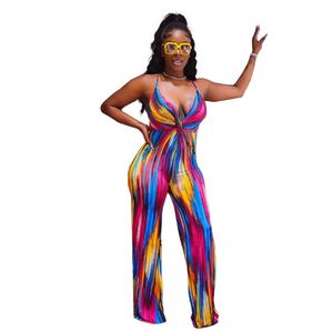 Women Summer Tie Dye Jumpsuits Woman Print Wrap Halter One-piece Playsuit Fashion Long Full Length Romper Lady Daily Casual Clothes