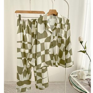 Pijamas femininos verde xadrez conjunto de duas peças manga comprida cintura elástica pijamas terno com bolsos soltos cetim uso doméstico