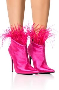 Сапоги на высоком каблуке женский ботинок на лодыжке для осенней моды розовый мех мелкий проскальзывание на коротких пинетках.