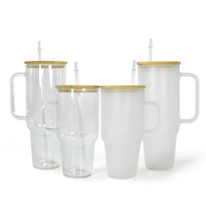 UPS 32oz 40oz Bicchiere in vetro a sublimazione con manico coperchio in bambù vuoto tazze in vetro trasparente smerigliato boccale di birra di grande capacità vino cola bevanda tazza 8.6