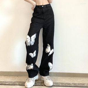 Kvinnors jeans streetwear y2k vintage svart kvinnor bred benfjäriltryck byxor hiphop överdimensionerad lös raka avslappnade byxor 5xl