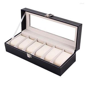 Watch Boxes 6 Slots Box Organizer For Men Storage Case With Glass Lid Black Leather Holder
