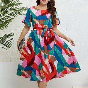 Casual Dresses Women Midi Dress Colorblock O Neck Short Sleeves Party Belted Tight Waist A-line Loose Hem High Lady