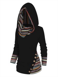 Kvinnors hoodies tröjor Tribal Geometric Stripe Panel Hooded Knit Top Long Sleeve Mock Button Sticked Women Casual Ethnic T