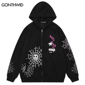 Heren Hoodies Sweatshirts Hip Hop Sweatshirt Jas Streetwear Y2K Skull Spider Web Grafische Print Rits Punk Hoodie Jas Harajuku Losse Hooded Jassen 230804