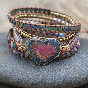 Strand Leather Bracelet Wrapped With Precious Stones Multi-color Natural Crystal Beads Woven Cuff Art Gift