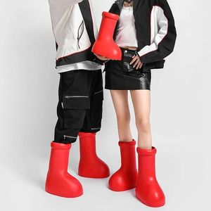 Rain Boots 남자 여자 Red Rainboots Kids Boys 소녀 하이 상단 두꺼운 바닥 둥근 발가락 발가락 부츠 방지 크기 26-45 230804