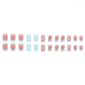 False Nails 24Pcs Detachable Light Blue French Golden Line Silhouette Removable Long-Lasting Nail Art Stickers For DIY