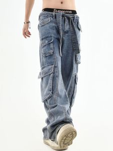 Mäns jeans amerikanska retro multi-pocket hög midja overaller herrar y2k high street hip hop gothic par jeans casual raka ben byxor 230804