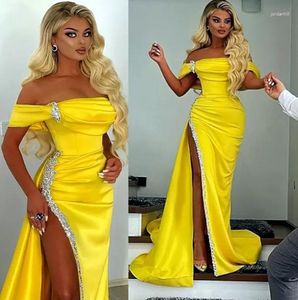 Party Dresses Sexy Long Yellow Beaded Prom High Split Sheath Evening Formal Second Reception Gowns Dress