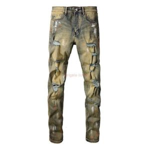 Roupas de grife Jeans Amires Calça jeans Amies Manchado com manchas de tinta Jeans danificados Masculino Amarelo Sujo Lavado com Água Velho Usado Buraco Rua Principal181