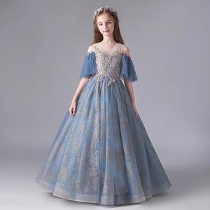 2023 goldene Pailletten-Blumenmädchenkleider, 3D-Blumen-Blingbling, lange Kinder- und Teenager-Festzug-Kleider, Geburtstagsparty-Kleid für Hochzeit, Cooktail-Kleid, Designer-Brautjungfernkleid