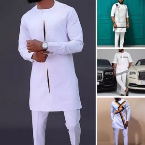 Mens Tracksuits Men Dashiki långärmad skjorta vit byxor set 2 stycken outfit kostym traditionella manliga kläder tshirt byxdräkter för 230804