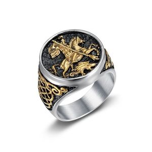 Anello da uomo in acciaio al titanio con placcatura in oro vuoto Saint George Dragon Slayer Knight