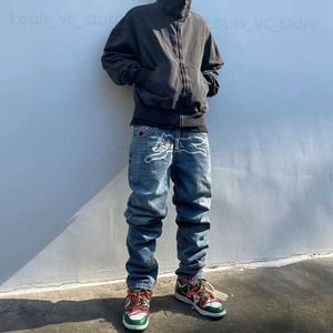 Harajuku letra bordado lavado azul jeans pantalones para hombres perro impresión streetwear bolsillos sueltos pantalones de mezclilla casual de gran tamaño T230806