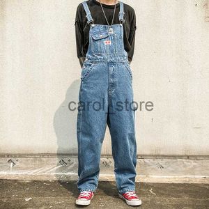 Mäns jeans koreanska lösa jeans män overaller haklapp denim jumpsuits enorma raka arbetskläder multi ficka bred ben last byxor blå byxor j230806