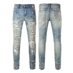 Roupas de grife Amires Jeans Calça Jeans Amies High Street Moda Masculina Azul Claro Splash Tinta Graffiti Hole Breaking Jeans Youth Slim444