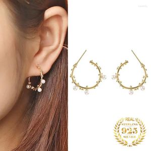 Hoop kolczyki Koreańskie prawdziwe srebrne srebrne 925 Huggie Pearl Bead Stud Drop For Women Elegancki złoty Pleted Fine Jewelry Gift