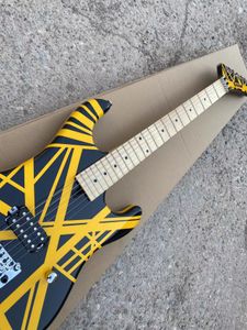 Yellow Stripe Black Electric Guitar Banana Headstock, professional bar Floyd Rose Tremolo Bridge, Locking Nut, 6 string Mahogany,maple neck Factory Custom