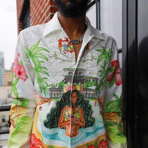 Silk Casablanca Long Hair Girl King Print Shirt Män kvinnor Högkvalitativ strand Hawaii Long Shirt Blus T230806