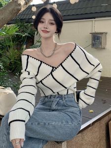 Camisolas femininas Sexy One-word Shoulder Pullovers Women Outono 2023 Coreano Chic Design Niche Único Short Tricot Tops Bottom Shirt