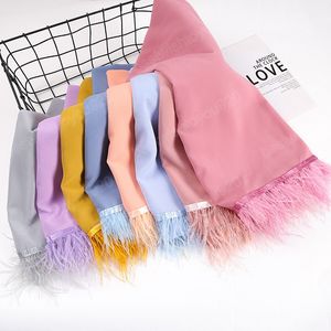 Fashion Solid Color Stylish Ostrich Hair Tassel Instant Chiffon Hijab Scarf for Women Bubble Headscarf 175*70Cm