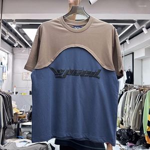 Erkek Tişörtler Üst Versiyon Puf Baskı Mektubu Patchwork T-Shirt Erkek Kadınlar Vintage Büyük Boy Gömlek Tee Kaykay