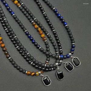 Choker 2023 Trendy Stainless Steel Black Square Pendant Necklace Men Natural Tiger Stone Beads For Jewelry Collar Hombre