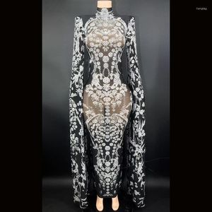 Stage Wear Sexy Sparkly Strass Cape Sleeve Long Dress Pography Wedding Evening Prom Concert Birthday Gown Show