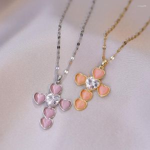 Pendant Necklaces Y2K Pink Hearts Cross Necklace Womens Cute Colored Stone Heart With Silver Plate Luxury Quality Christian Jewelry