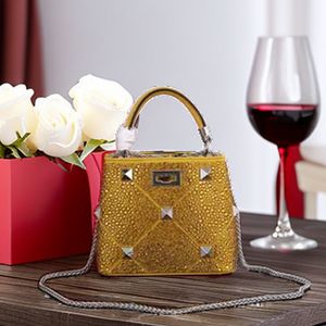 2023 Five Star Boutique Cowhide Rivet Crystal Women's Bucket Bag Small One Shoulder Crossbody Handbag Style Luxury High end Appearance Party Event Dinner Beach Style