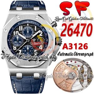 SF JJF26470 A3126 KRONOGRAF Automatisk herrklocka 42mm rostfritt stål Svart texturerat Dial Blue Leather -rem med vit linje Super Edition Eternity Watches