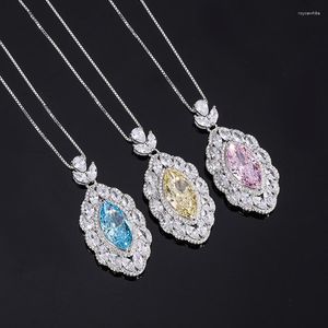 Ketten Elegante Halskette aus 925er-Sterlingsilber, original zertifiziert, rosa, gelb, blau, Marquise-Schliff, hochgekohlter Diamant-Anhänger-Halskette für Frauen, Geschenk