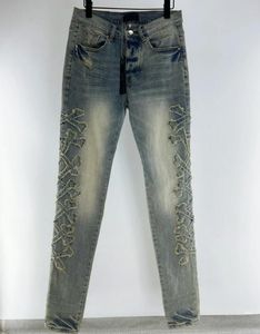 Trendy brand retro pants designer men's quilted European jeans men's foldable slim fitting jeans