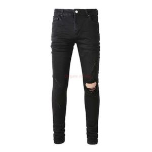 Abbigliamento firmato Amires Jeans Denim Pantaloni Amies Black One Knee Broken High Street SLP Jeans per uomo Moda Versatile Slim Fit Small225