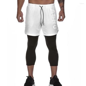 Мужские шорты штаны сжимание колготки фитнес-спортивные штаны бегают 2 на 1 мужчина тренировки с двумя тупами.