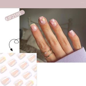 False Nails 24pcs Short Length Flowers Fake Reusable Full Cover Yellow Pink Purple Nail Tips French Style Girl