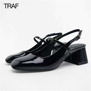 Sandały Traf Black Whit Skórzane buty na pięcie 2023 Kobiety Mary Janes High Heels Woman Pumps Casual Slingback Heels Panie zaokrąglone palce J230806